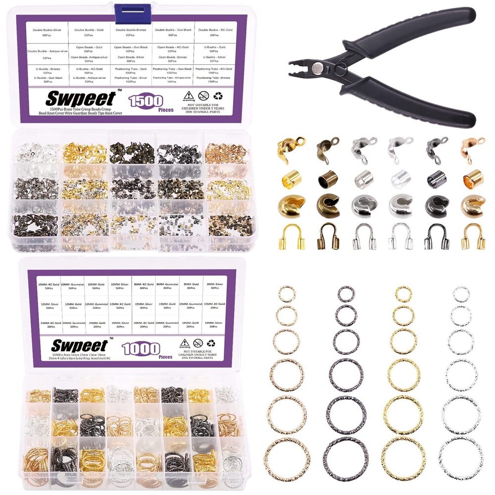 2467 1501Pcs Tube Crimp Beads with Pliers and 1000Pcs Twisted Open Jump